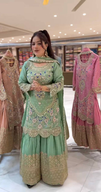 LadyVastara Mint Green Embroidered Sharara Suit | Perfect for Wedding Functions & Reception