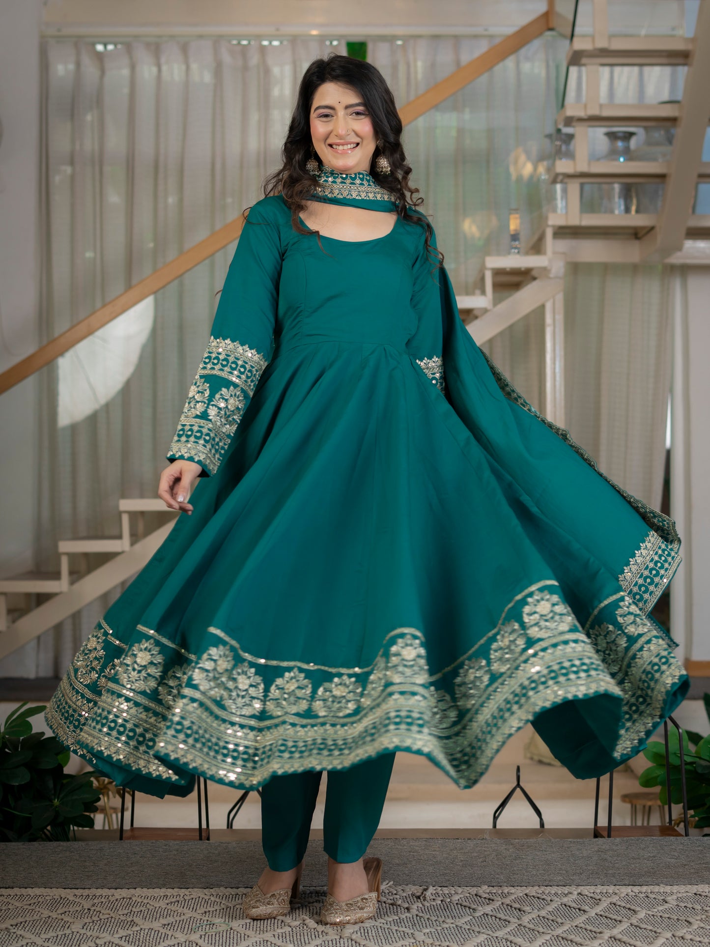 LadyVastara Heavy Roman Cotton Silk Embroidered Anarkali Suit Set with Pant & Dupatta