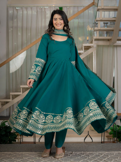 LadyVastara Heavy Roman Cotton Silk Embroidered Anarkali Suit Set with Pant & Dupatta