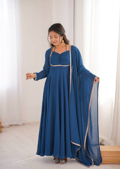 LadyVastara Premium Designer Fox Georgette Long Gown with Rich Flare & Lace Dupatta