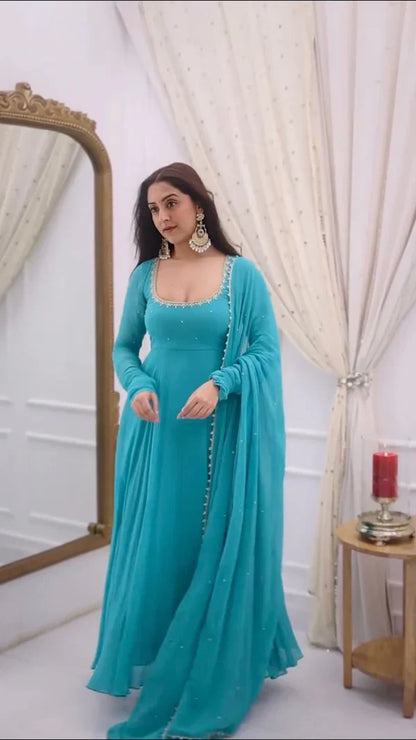 Lady Vastara Blue Bindiya Faux Georgette Embroidered Suit Set