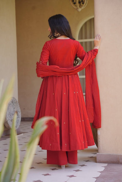 LadyVastara Heavy Roman Silk Embroidered Anarkali Kurta Set with Palazzo & Chanderi Silk Dupatta