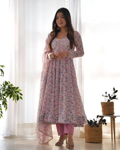LadyVastara Floral Orange Chiffon Anarkali Set With 4 Meter Flair & Shawl Style Dupatta