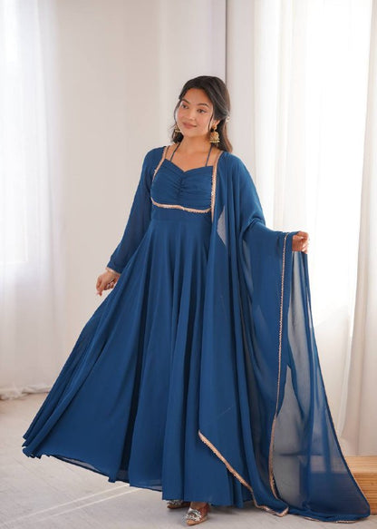 LadyVastara Premium Designer Fox Georgette Long Gown with Rich Flare & Lace Dupatta