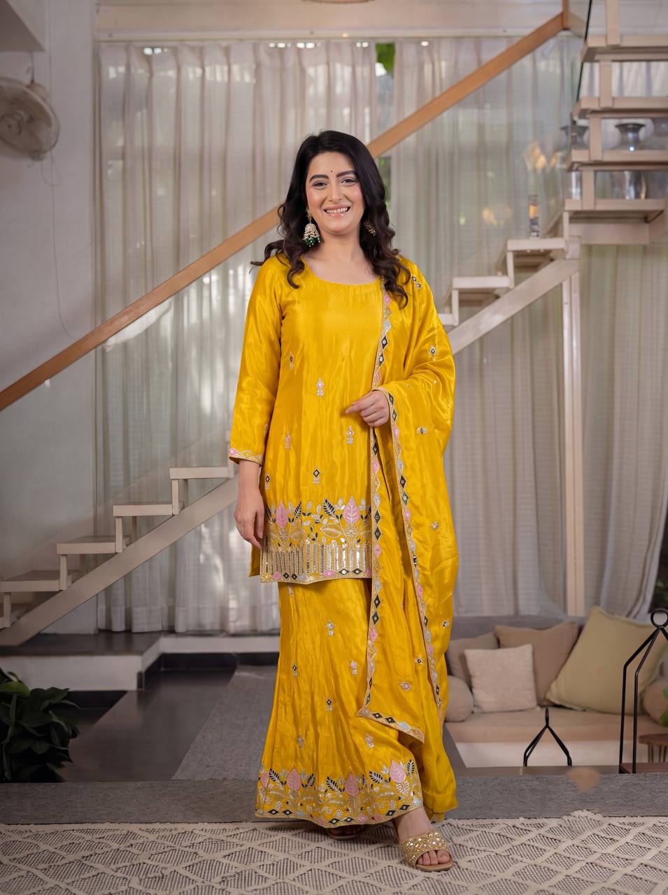 LadyVastara Premium Sindoori Satin Silk Embroidered Palazzo Suit Set for Women