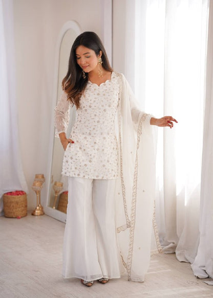LadyVastara Designer Crunchy Silk Kurta Bell Bottom Set With Embroidery Sequence & Zari Work Dupatta