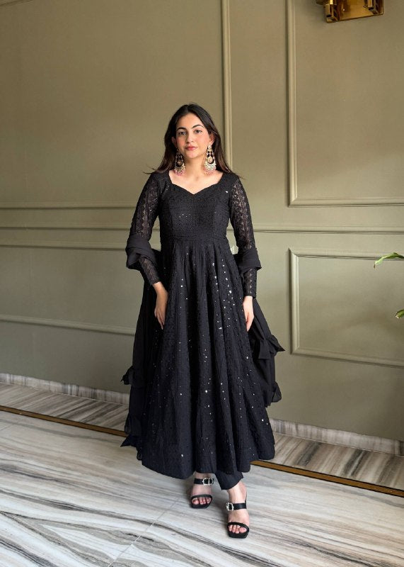 LadyVastara Heavy Fox Georgette Lucknowi Embroidered Anarkali Suit Set with Ruffle Dupatta