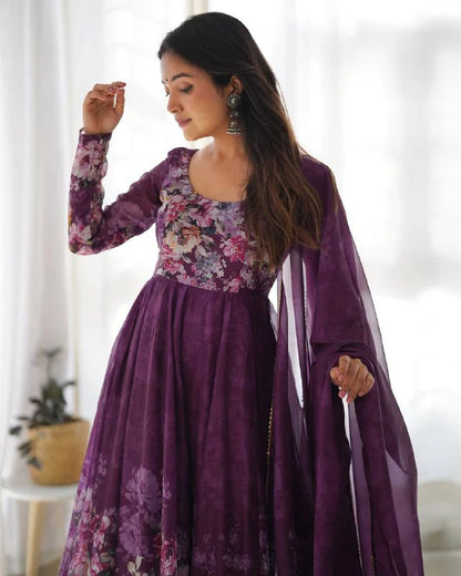 LadyVastara Pure Soft Organza Silk Fully Flared Kali Cut Anarkali Suit Set with Dupatta & Pant