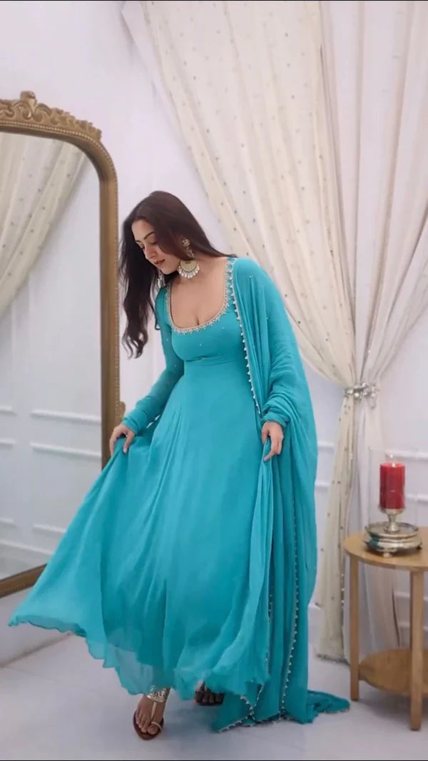 Lady Vastara Blue Bindiya Faux Georgette Embroidered Suit Set