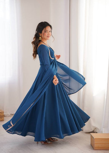 LadyVastara Premium Designer Fox Georgette Long Gown with Rich Flare & Lace Dupatta