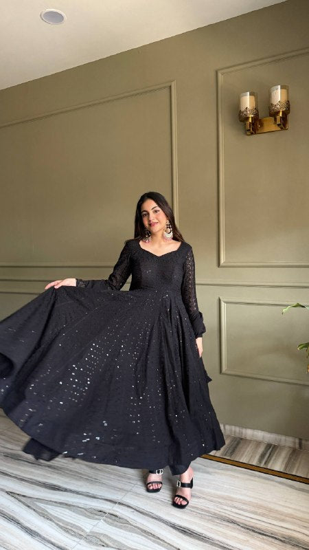 LadyVastara Heavy Fox Georgette Lucknowi Embroidered Anarkali Suit Set with Ruffle Dupatta