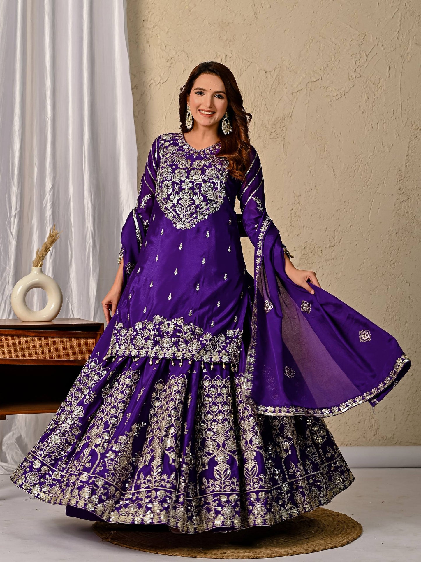 LadyVastara Royal Purple Luxurious Wedding & Party Wear Heavy Embroidered Sharara Suit