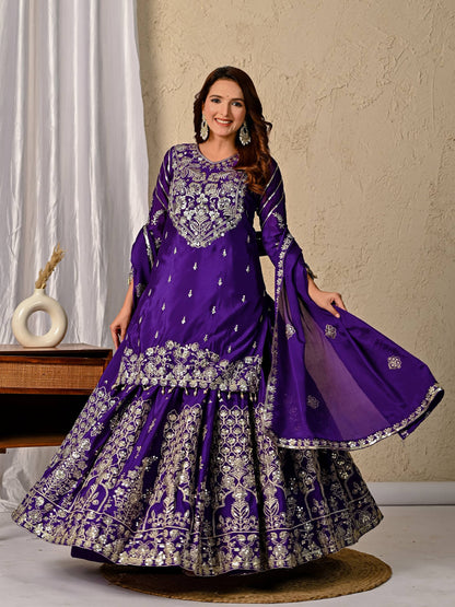 LadyVastara Royal Purple Luxurious Wedding & Party Wear Heavy Embroidered Sharara Suit