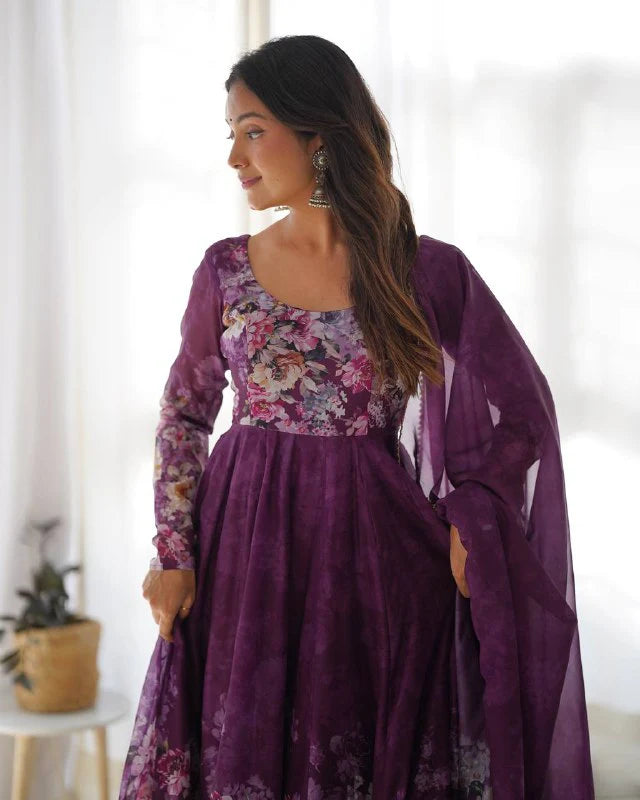 LadyVastara Pure Soft Organza Silk Fully Flared Kali Cut Anarkali Suit Set with Dupatta & Pant