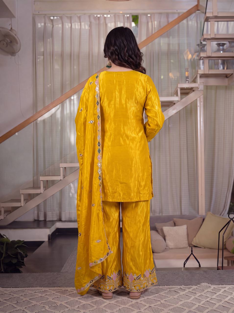 LadyVastara Premium Sindoori Satin Silk Embroidered Palazzo Suit Set for Women