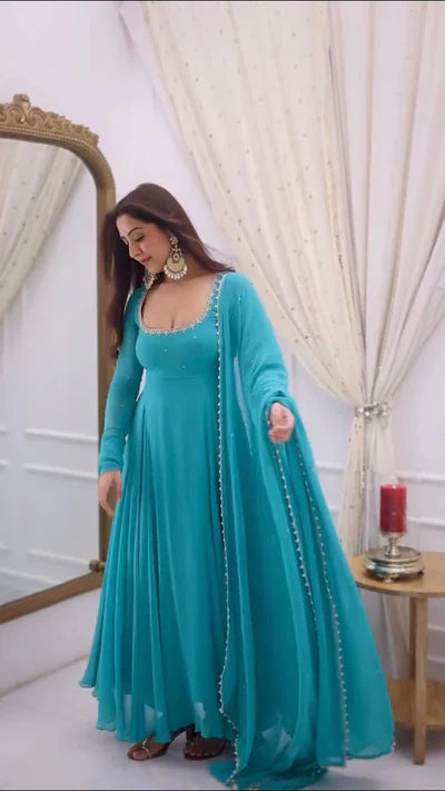Lady Vastara Blue Bindiya Faux Georgette Embroidered Suit Set