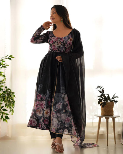 LadyVastara Pure Soft Organza Silk Fully Flared Kali Cut Anarkali Suit Set with Dupatta & Pant