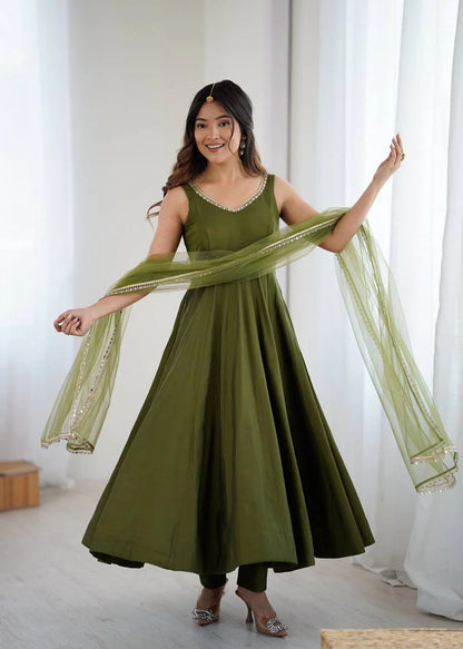 LadyVastara Premium Chanderi RomanSilk Anarkali with Soft Net Dupatta & Fancy Lace Work