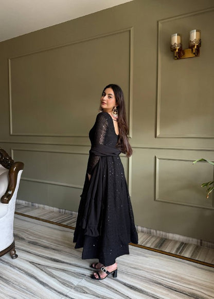 LadyVastara Heavy Fox Georgette Lucknowi Embroidered Anarkali Suit Set with Ruffle Dupatta