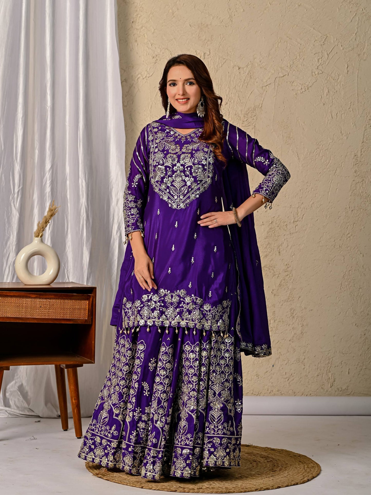 LadyVastara Royal Purple Luxurious Wedding & Party Wear Heavy Embroidered Sharara Suit