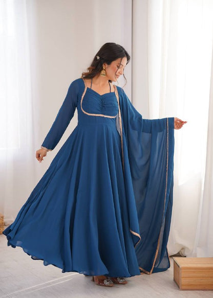 LadyVastara Premium Designer Fox Georgette Long Gown with Rich Flare & Lace Dupatta