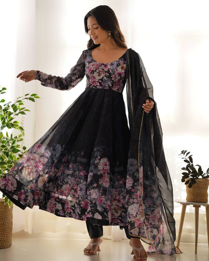 LadyVastara Pure Soft Organza Silk Fully Flared Kali Cut Anarkali Suit Set with Dupatta & Pant