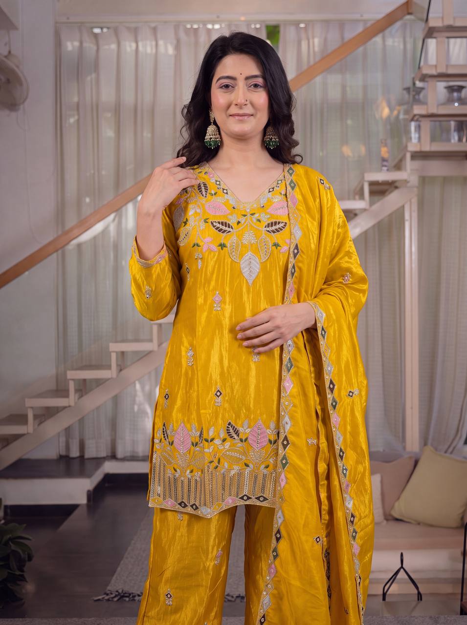 LadyVastara Premium Sindoori Satin Silk Embroidered Palazzo Suit Set for Women