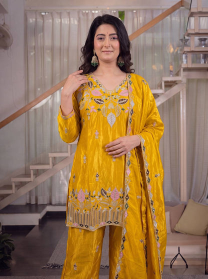LadyVastara Premium Sindoori Satin Silk Embroidered Palazzo Suit Set for Women
