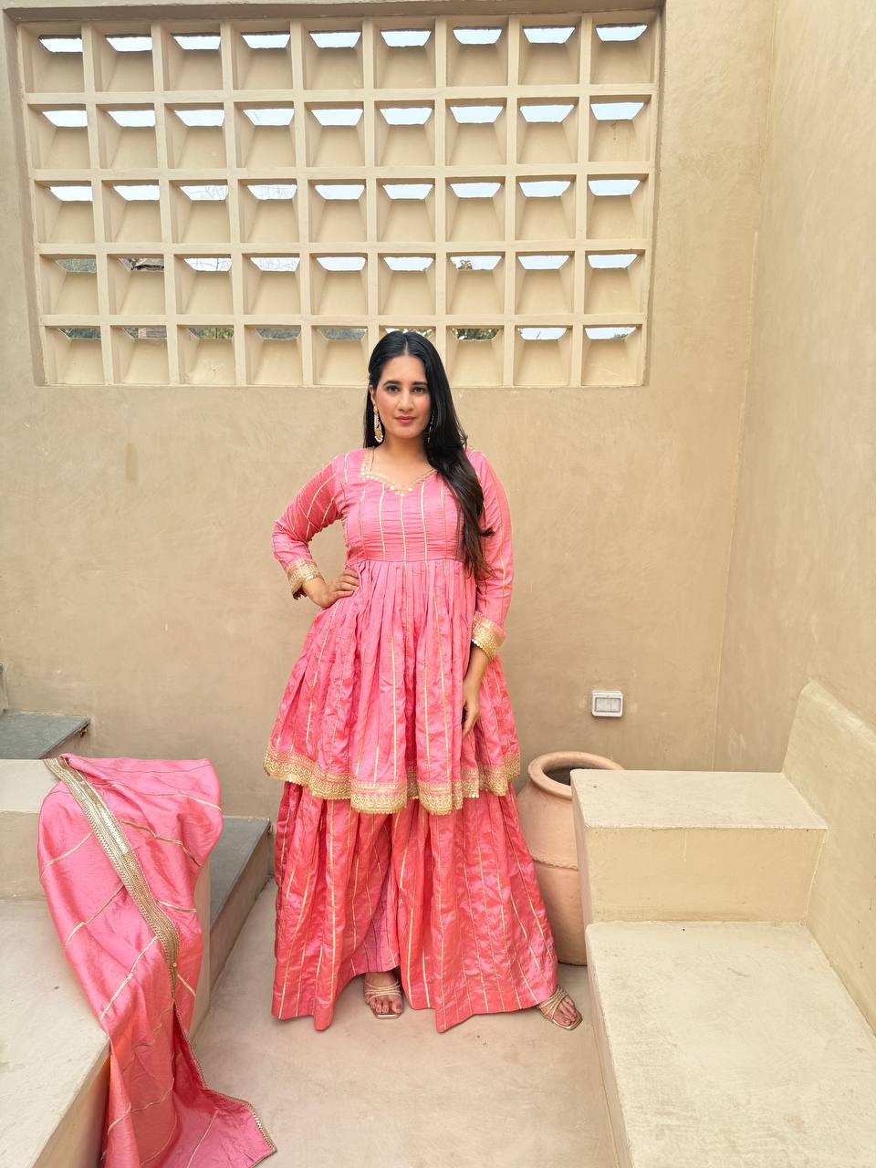LadyVastara Royal Embroidered Vichitra Silk Sharara Suit with Dupatta
