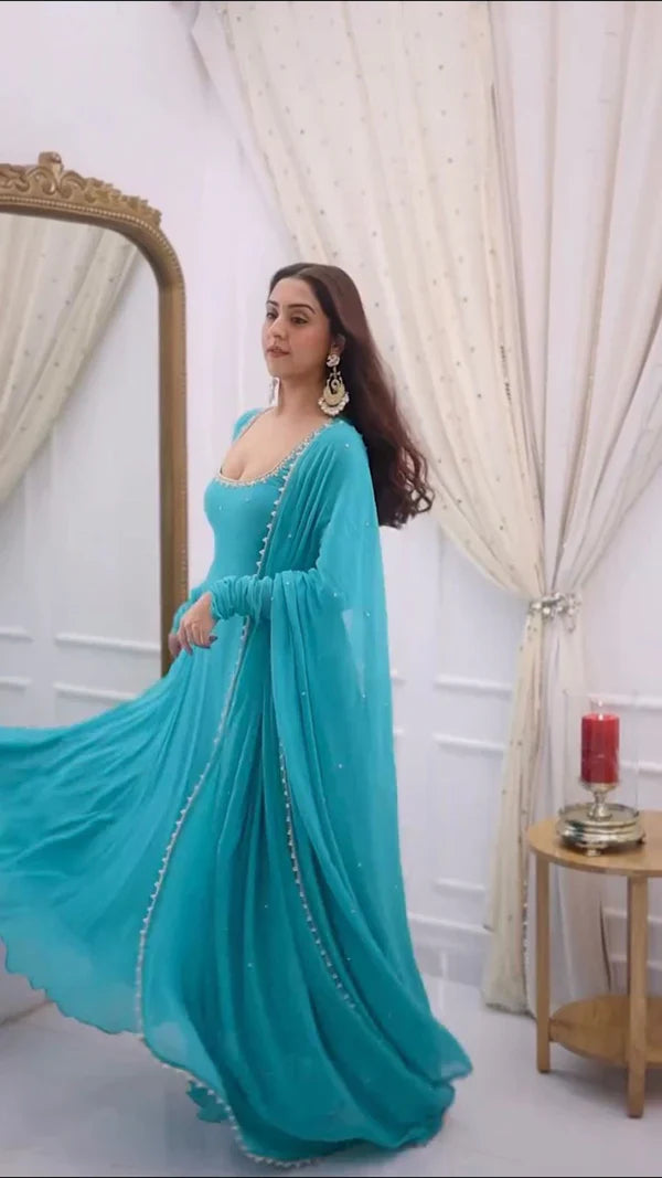 Lady Vastara Blue Bindiya Faux Georgette Embroidered Suit Set