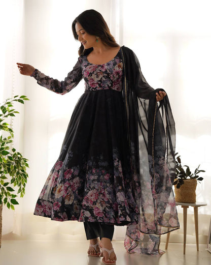 LadyVastara Pure Soft Organza Silk Fully Flared Kali Cut Anarkali Suit Set with Dupatta & Pant