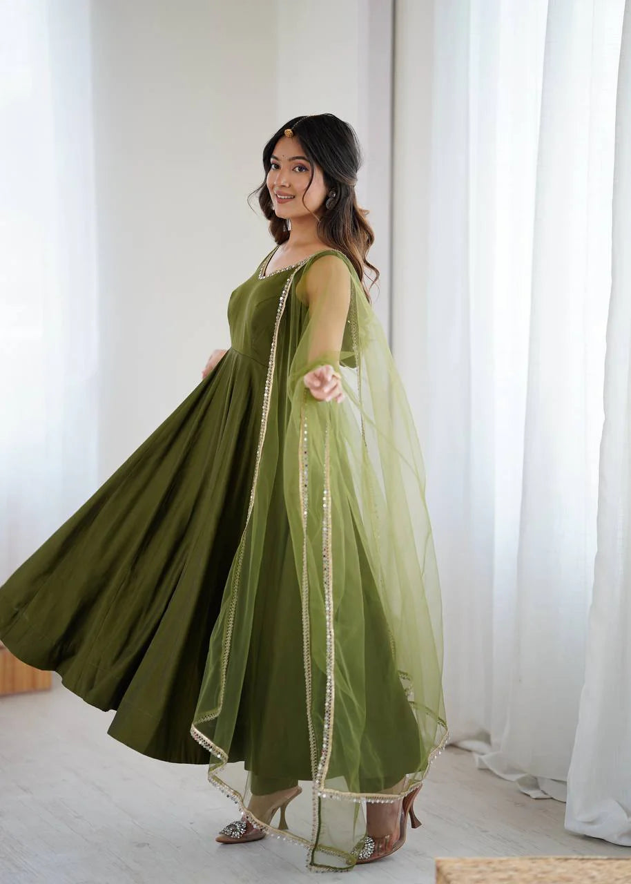 LadyVastara Premium Chanderi RomanSilk Anarkali with Soft Net Dupatta & Fancy Lace Work