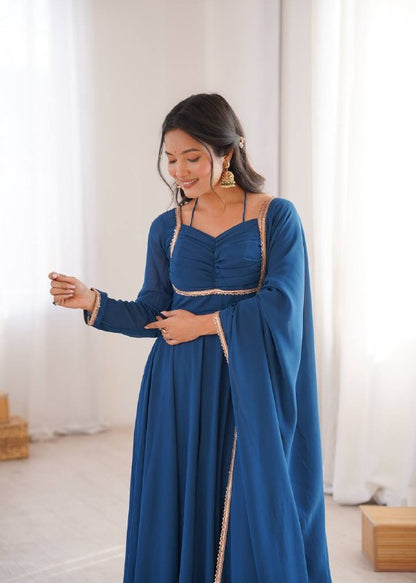 LadyVastara Premium Designer Fox Georgette Long Gown with Rich Flare & Lace Dupatta