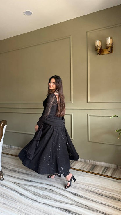 LadyVastara Heavy Fox Georgette Lucknowi Embroidered Anarkali Suit Set with Ruffle Dupatta
