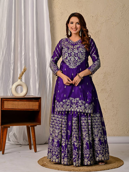 LadyVastara Royal Purple Luxurious Wedding & Party Wear Heavy Embroidered Sharara Suit