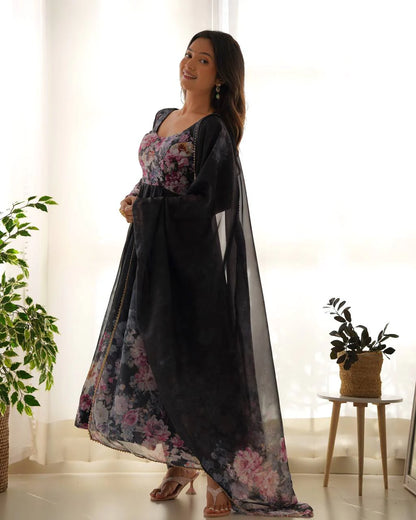 LadyVastara Pure Soft Organza Silk Fully Flared Kali Cut Anarkali Suit Set with Dupatta & Pant