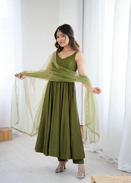 LadyVastara Premium Chanderi RomanSilk Anarkali with Soft Net Dupatta & Fancy Lace Work