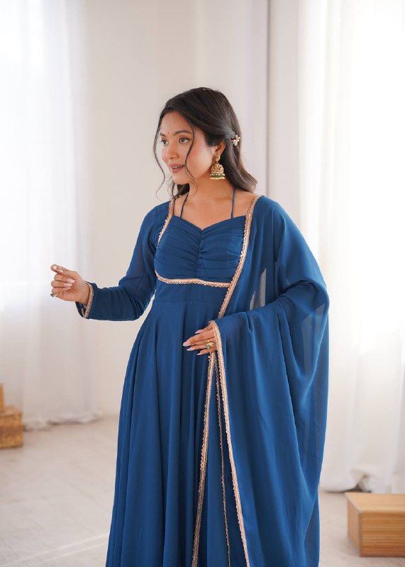LadyVastara Premium Designer Fox Georgette Long Gown with Rich Flare & Lace Dupatta