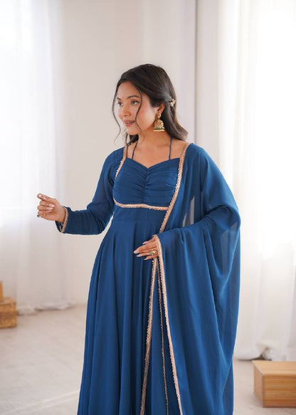 LadyVastara Premium Designer Fox Georgette Long Gown with Rich Flare & Lace Dupatta