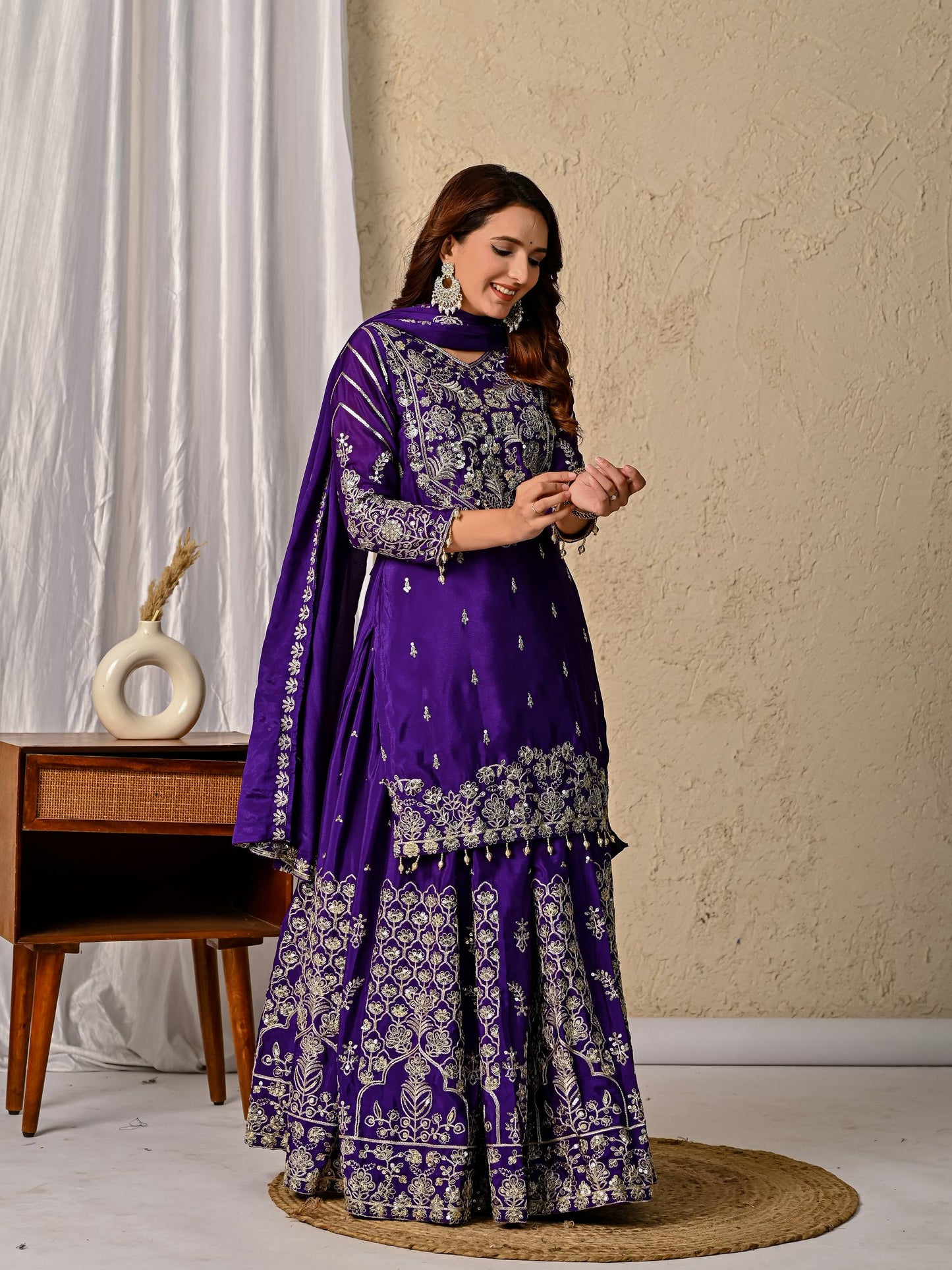 LadyVastara Royal Purple Luxurious Wedding & Party Wear Heavy Embroidered Sharara Suit