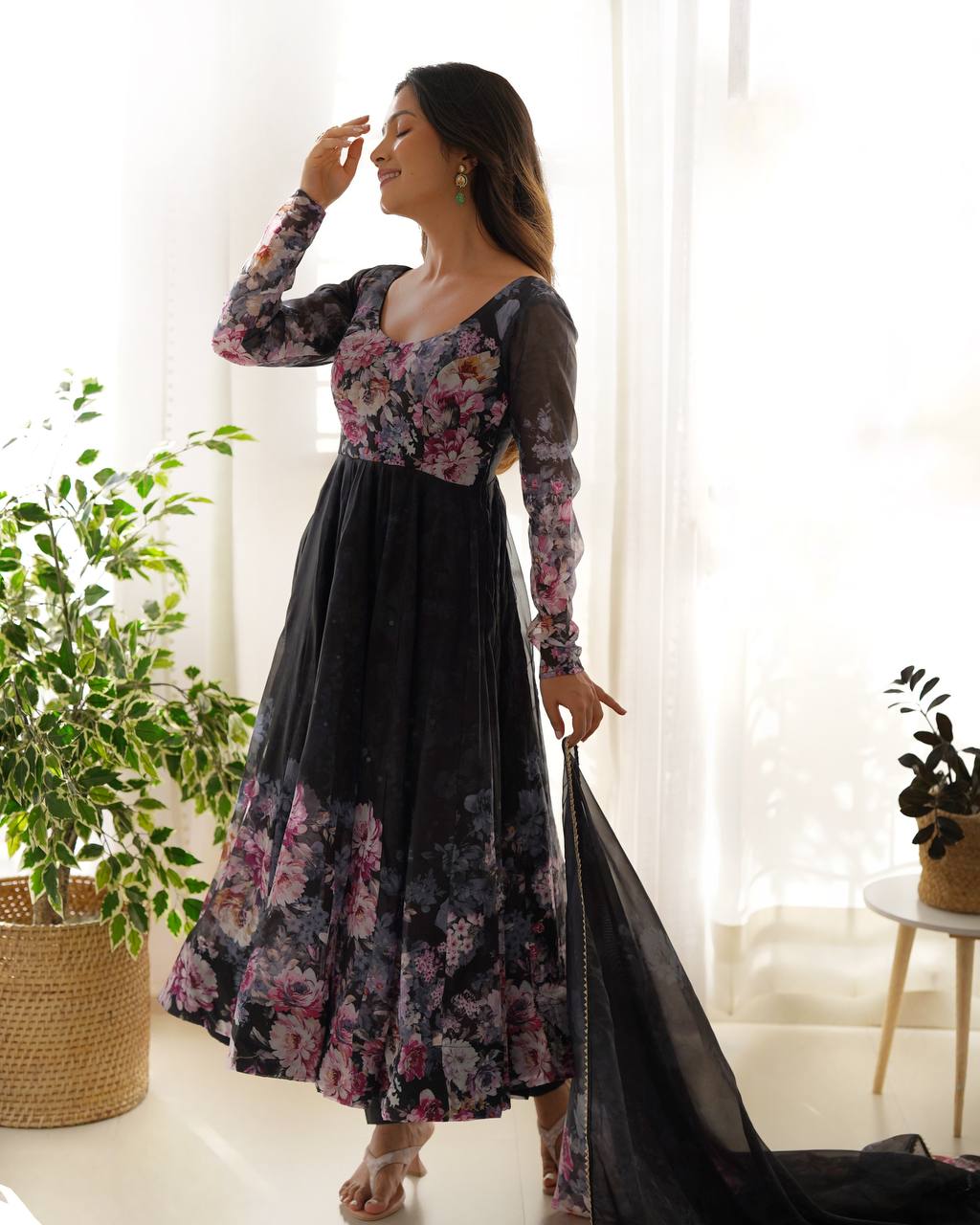 LadyVastara Pure Soft Organza Silk Fully Flared Kali Cut Anarkali Suit Set with Dupatta & Pant