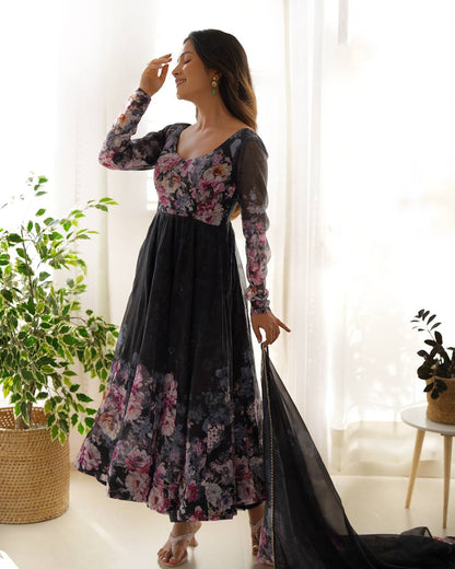 LadyVastara Pure Soft Organza Silk Fully Flared Kali Cut Anarkali Suit Set with Dupatta & Pant