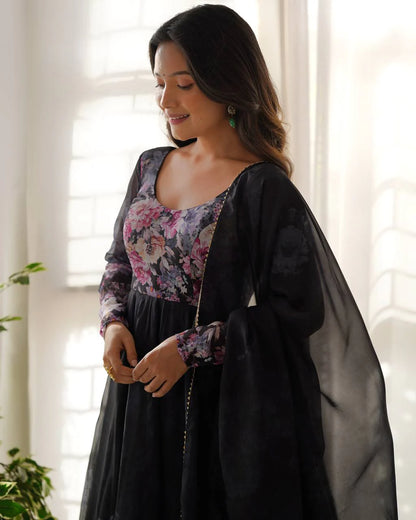 LadyVastara Pure Soft Organza Silk Fully Flared Kali Cut Anarkali Suit Set with Dupatta & Pant