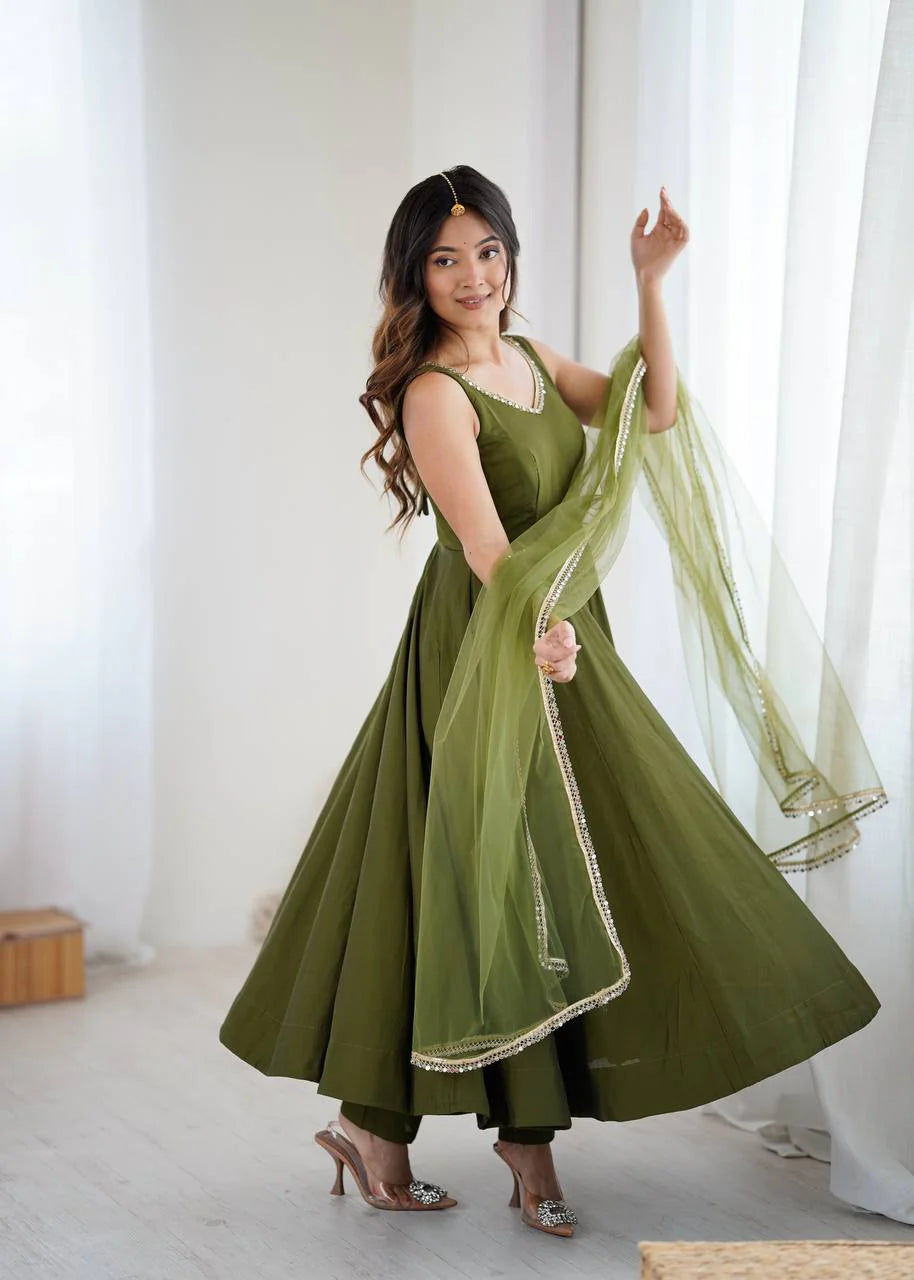 LadyVastara Premium Chanderi RomanSilk Anarkali with Soft Net Dupatta & Fancy Lace Work