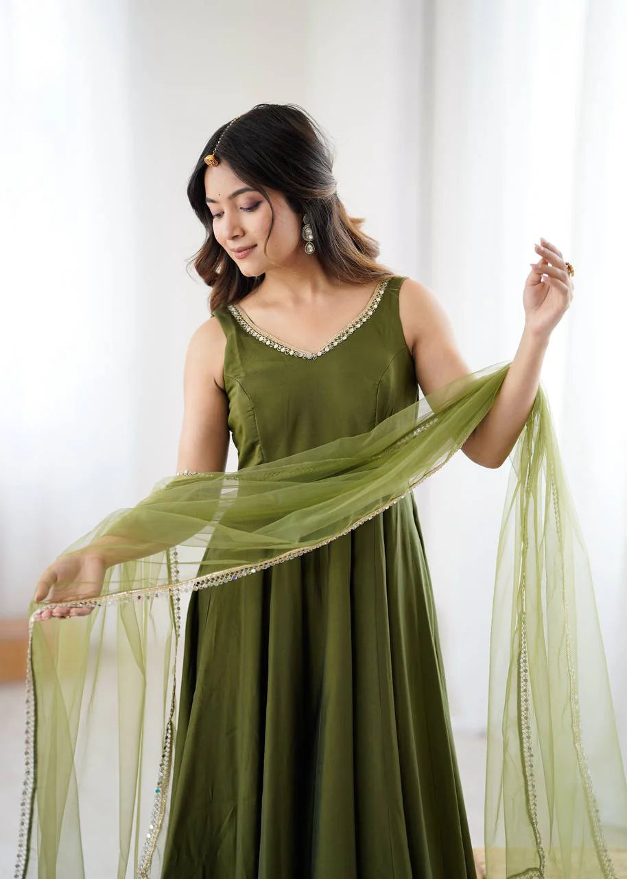 LadyVastara Premium Chanderi RomanSilk Anarkali with Soft Net Dupatta & Fancy Lace Work