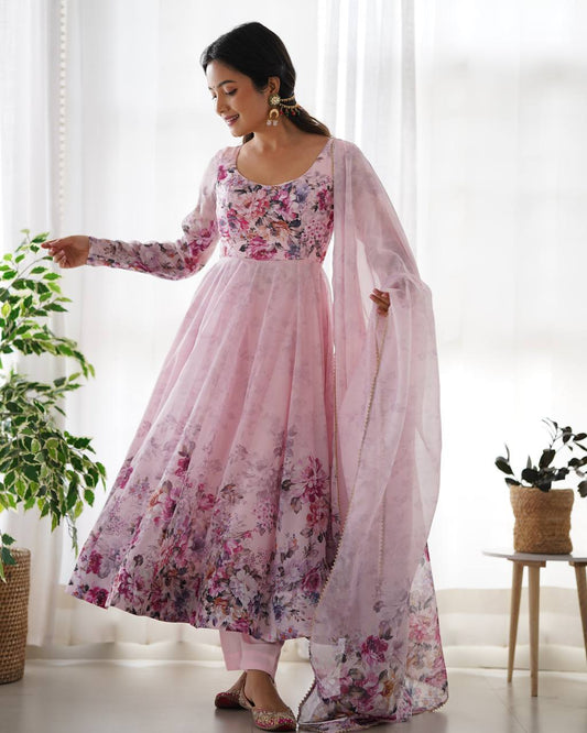 LadyVastara Pure Soft Organza Silk Fully Flared Kali Cut Anarkali Suit Set with Dupatta & Pant