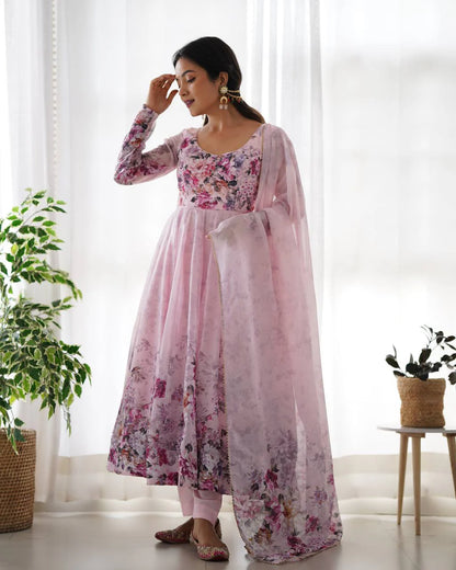 LadyVastara Pure Soft Organza Silk Fully Flared Kali Cut Anarkali Suit Set with Dupatta & Pant
