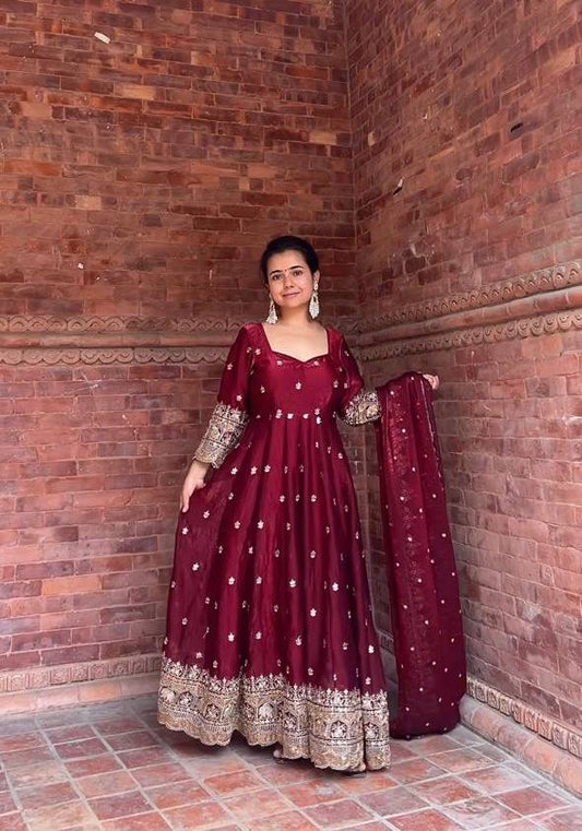 LadyVastara Royal Maroon Anarkali Set with Heavy Embroidery & Matching Dupatta