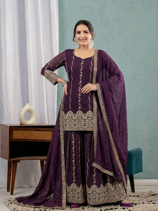 LadyVastara Premium Heavy Crunchy Silk Embroidered Sharara Suit Set for Women with Sequins Work & Dupatta