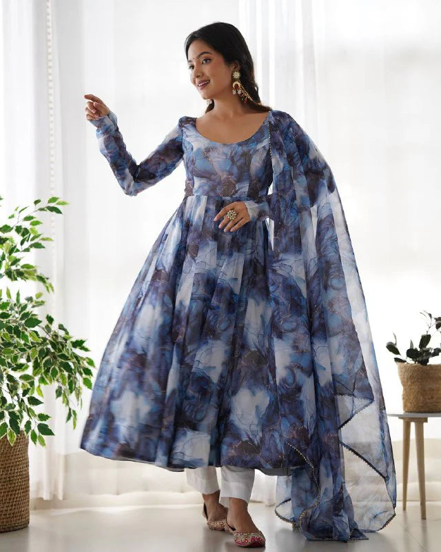 LadyVastara Women’s Pure Soft Organza Silk Marble Print Anarkali Suit Set with Gota Patti Dupatta